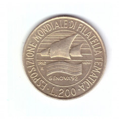 Moneda Italia 200 lire 1992 Expozitia Filatelica Genova 1992, stare foarte buna