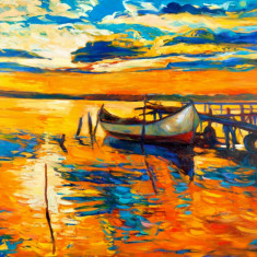 Tablou canvas Barca, mare, apus soare, pictura2, 105 x 70 cm