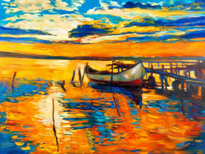 Tablou canvas Barca, mare, apus soare, pictura2, 45 x 30 cm foto