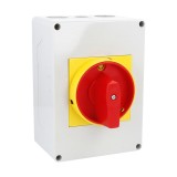 Intrerupator 63A 18.5kw 0-1 ON-OFF 3 poli IP65 125x175mm cu came industrial aplicat casetat cu maner galben rosu, KONCAR