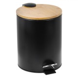 Coș de Gunoi Metalic, Model Necunoscut, Capac Bambus, Negru Mat, Capacitate 5L, Oem
