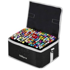 Set 168 Markere Duble, pe Baza de Alcool, Geanta Impermeabila Inclusa, Culori Numerotate, 23 x 16 x 20 cm, Multicolor