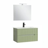 Set Mobilier Baie Leziter Trent 80cm Agatat Perete, Chiuveta Ceramica, 2 Sertare Soft-Close, Oglinda 80x60 cm, Verde Maslin-Fistic
