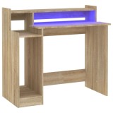 Cumpara ieftin Birou cu lumini LED, stejar sonoma, 97x90x45 cm, lemn compozit