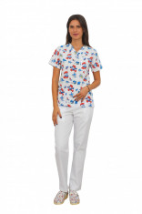 Costum medical Strumfi, bluza cu imprimeu si pantaloni albi cu elastic XS INTL foto