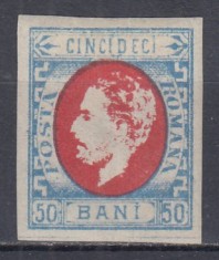 ROMANIA1872 LP 34 CAROL I CU BARBA 50 BANI IMPRESIUNE DEFECTUOASA GUMA ORIGINALA