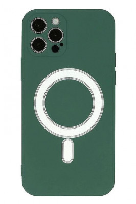Husa iPhone 14 din silicon cu MagSafe, silk touch, interior din catifea cu decupaje pentru camere, Verde inchis foto
