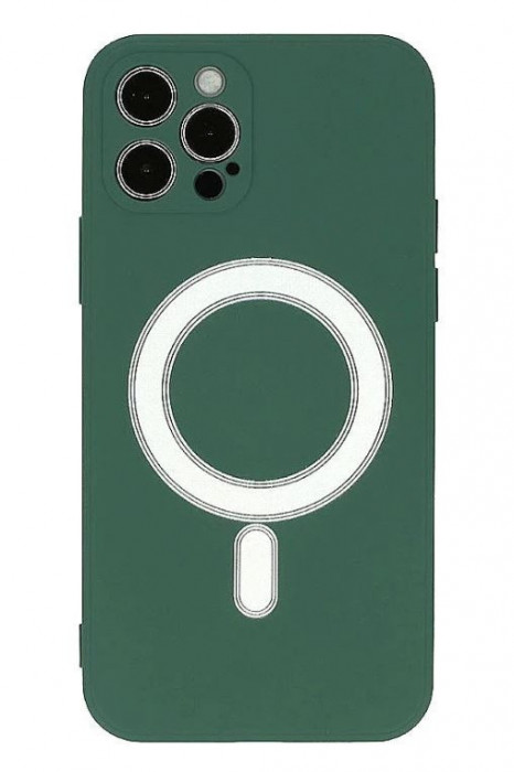 Husa iPhone 12 Pro din silicon cu MagSafe, silk touch, interior din catifea cu decupaje pentru camere, Verde inchis