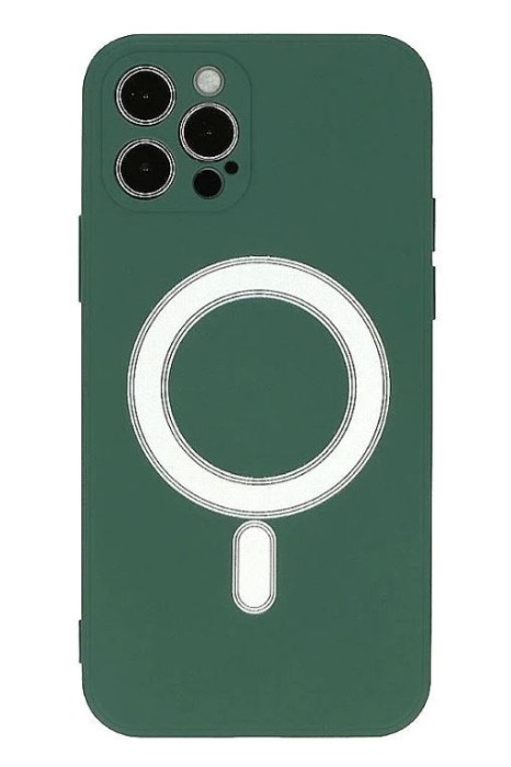Husa iPhone 13 din silicon cu MagSafe, silk touch, interior din catifea cu decupaje pentru camere, Verde inchis