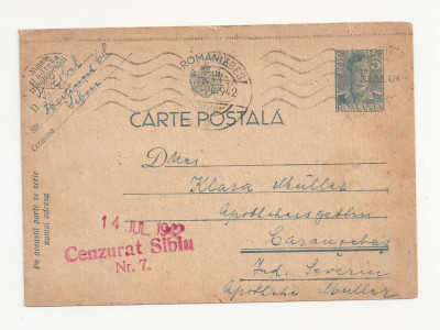 R1 Romania - Carte postala CENZURATA , CARANSEBES-SIBIU, circulata 1942 foto