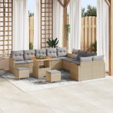 Set de Canapea de Grădină vidaXL cu 13 Piese cu Perne Bej Ratan Poly Acacia, Set de Dining pentru Grădină vidaXL cu 3 Piese cu Perne Bej Ratan Poly Ac
