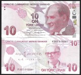 TURCIA 10 LIRE 2009 ( 2022 ) prefix F , UNC [1] P- 223 f , Semnaturi : Guvernator Sahap Kavcioglu + Viceguvrnator Mustafa Duman , necirculata