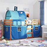 vidaXL Pat supraetajat cu perdele, albastru, 75x190 cm, lemn masiv pin
