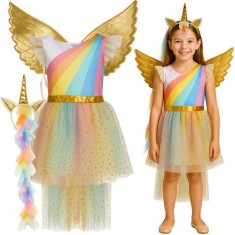 Costum unicorn 3 piese, pentru fete, 130-140 cm, rochita, bentita cu corn, aripi, multicolor