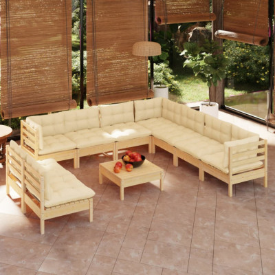 vidaXL Set mobilier grădină cu perne crem, 10 piese, lemn masiv de pin foto