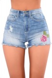 Pantaloni Scurti Dama Talie Inalta Albastru Jeans cu Flori, Marimi S/M