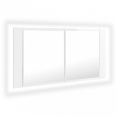 Dulap de baie cu oglindă și LED, alb extralucios, 90x12x45 cm