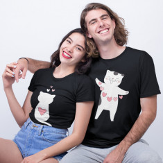 Set tricouri personalizate cuplu &amp;quot;Cats&amp;amp;love&amp;quot; (Marime tricou barbat: M, Marime foto