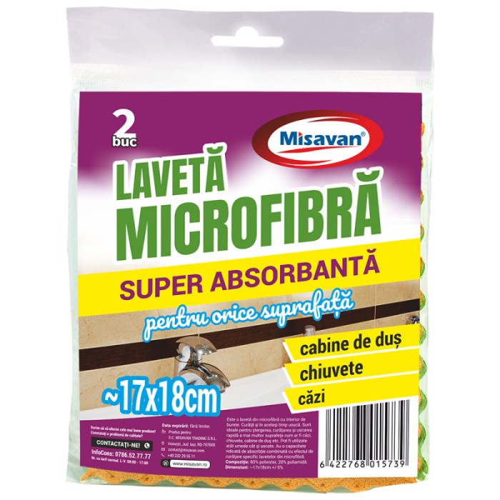 Laveta microfibra super absorbanta Misavan, 20 x 17 cm, 2 buc/set