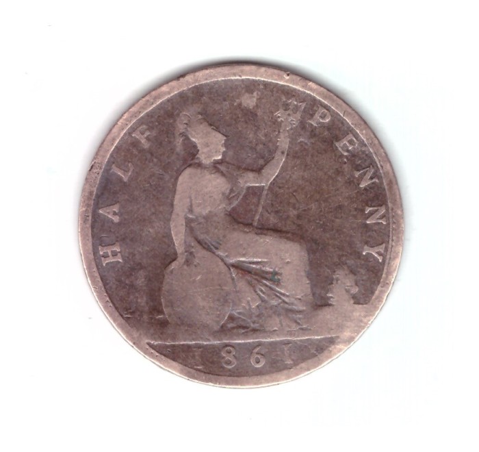 Moneda Anglia 1/2 / half penny 1861, uzata, curata