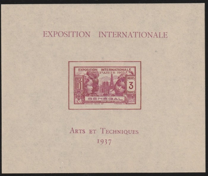 Senegal Colonii franceze 1937 - Omnibuse , Expozitia Mondiala Paris , colita nedantelata , MNH , Mi.170