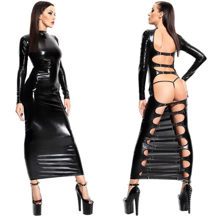 Rochie Lunga cu Decupaje la Spate, Wetlook, Negru, M, JGF Lingerie