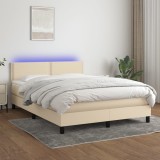 vidaXL Pat cu arcuri, saltea și LED, crem, 140x190 cm, textil