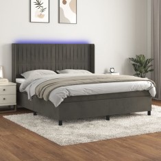 vidaXL Pat cu arcuri, saltea și LED, gri &icirc;nchis, 180x200 cm, catifea