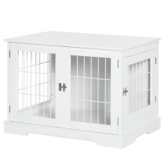 PawHut Cușcă pentru c&acirc;ine 2 &icirc;n 1 masă de suport cu 2 uși cu sistem de siguranță - dim. 76L x 54.5l x 56H cm - Metal și MDF | Aosom Romania