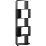 HOMCOM Bibliotecă cu 5 Rafturi Divizate &icirc;n Formă de S din Lemn, 60x24x184.5 cm, Negru | Aosom Romania