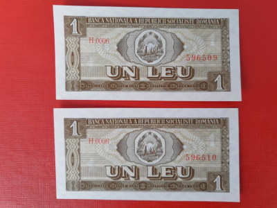 2 x Bancnota 1 leu 1966 seria H0006 filigran orizontal - UNC++++ consecutive foto