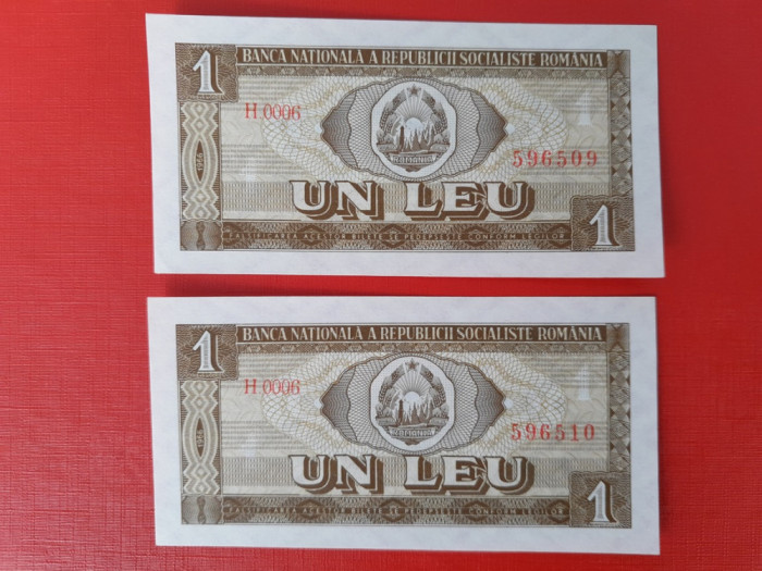 2 x Bancnota 1 leu 1966 seria H0006 filigran orizontal - UNC++++ consecutive