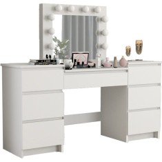 Masa de toaleta/machiaj, alb, cu oglinda si LED-uri, Antonia, 155x42x135 cm