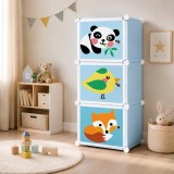 Cumpara ieftin Dulap modular pentru copii, cu 3 compartimente, design animale, panda, pasare, vulpe, organizator jucarii și haine, multicolor