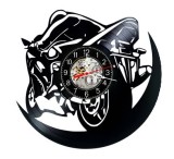 Ceas de perete decorativ realizat din disc de vinil, Model Motocicleta Supersport Viteza Pilot Circuit, Negru, 30 cm