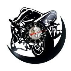 Ceas de perete decorativ realizat din disc de vinil, Model Motocicleta Supersport Viteza Pilot Circuit, Negru, 30 cm