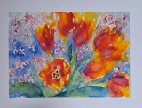 Pictura in acuarela neinramata - flori si floricele, semnata, 2007, 17 x 24 cm