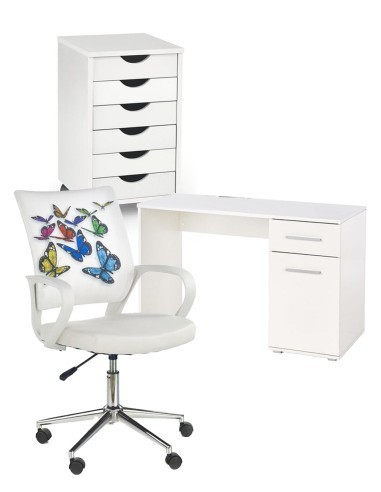 Set mobilier birou copii HM Lima B1, PAL lucios, spatii depozitare, cu scaun HM Ibis Butterfly, stofa/piele ecologica, 100 kg si dulapior rulant HM Si