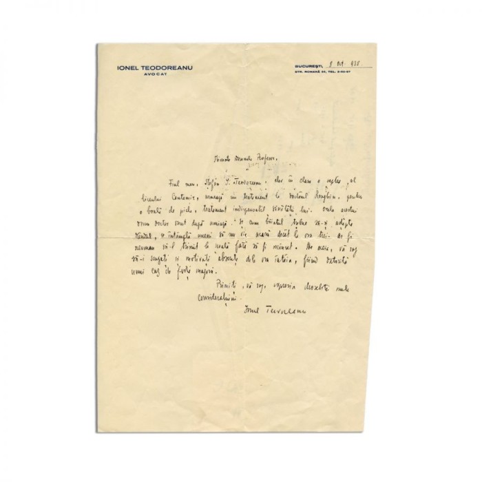 Ionel Teodoreanu, scrisoare pentru profesorul fiului său, 8 oct. 1938