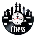 Ceas de perete din disc vinil, Tematică Șah / Chess, Design Retro cu Piese de Șah, Negru
