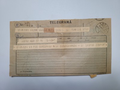Telegrama condoleante dr. George Dobrin catre Maria Botis (1873-1940), Arad 1940 foto