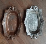 Pereche tavă, fructieră Art Nouveau, alamă și metal alb din 1900