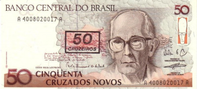 Brazilia 50 Cruzeiros ND (1990) Overprint peste 50 Cruzados Novos, P-223 UNC !!! foto