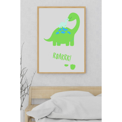 Tablou colorat cu dinozaur pentru camera copiilor, A3, Rama Neagra foto