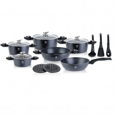 Set 15 piese Grunberg: 6 vase din aluminiu, compatibile inductie, 4 capace, 3 ustensile, 2 suporti, Negru