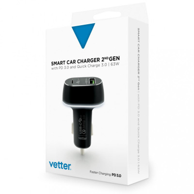 Incarcator auto Vetter, Smart Car Charger 2nd Gen, QC 3.0 and Power Delivery, High Power, 63W, Negru foto