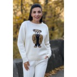 Bluza dama crem tricotata cu imprimeu ursulet