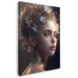 Tablou canvas portret femeie cu flori in par, crem, maro, negru 1079 Tablou canvas pe panza CU RAMA 30x40 cm