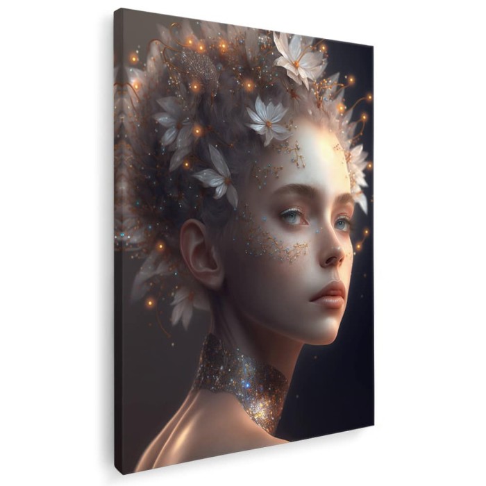 Tablou canvas portret femeie cu flori in par, crem, maro, negru 1079 Tablou canvas pe panza CU RAMA 30x40 cm