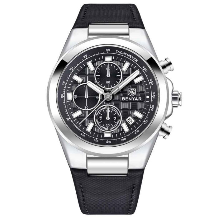 Ceas barbatesc BENYAR BY-5206, cadran negru, cronograf quartz, luxury, curea din piele neagra, rezistent la apa 3Bar